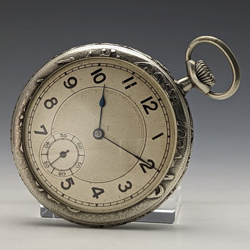 Antique Mumei pocket watch Art Nouveau flower sculpture alloy case works well